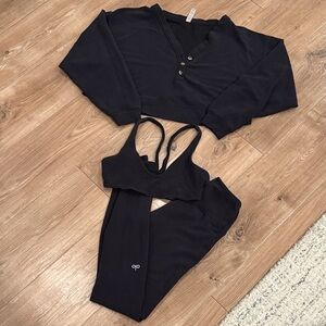 Alo Black waffle Leggings and Sports Bra Set with matching cardigan